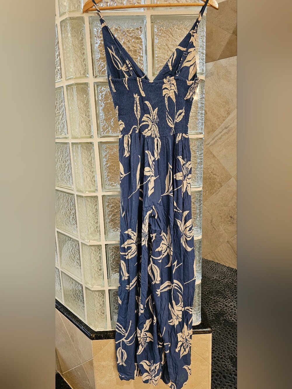 Women's Navy Floral Jumpsuit - Navy & Cream - Peekaboo Cutout - Picture 2 of 5